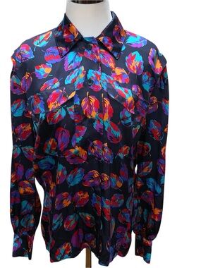 Vintage Escada Margaretha Ley Silk Blouse 36 Germany Multicolor Leaf Print Shirt